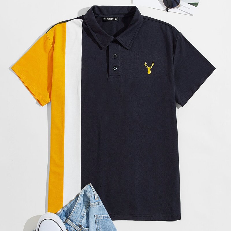 

Guys Embroidery Detail Colorblock Polo Shirt, Navy blue