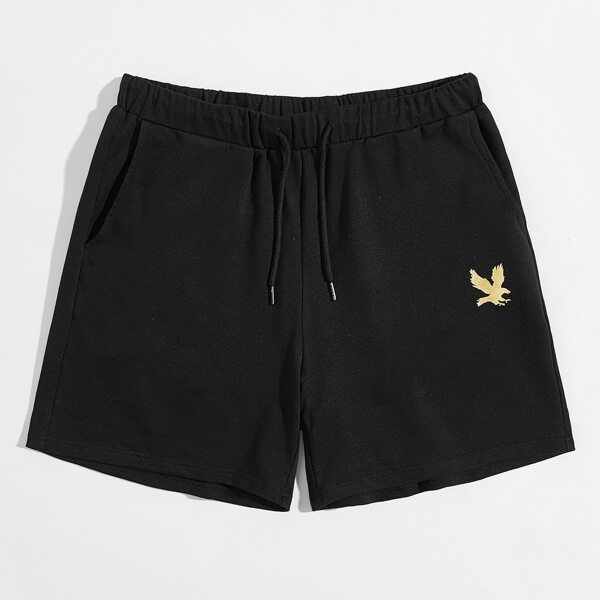 

Men Drawstring Waist Eagle Print Shorts, Black