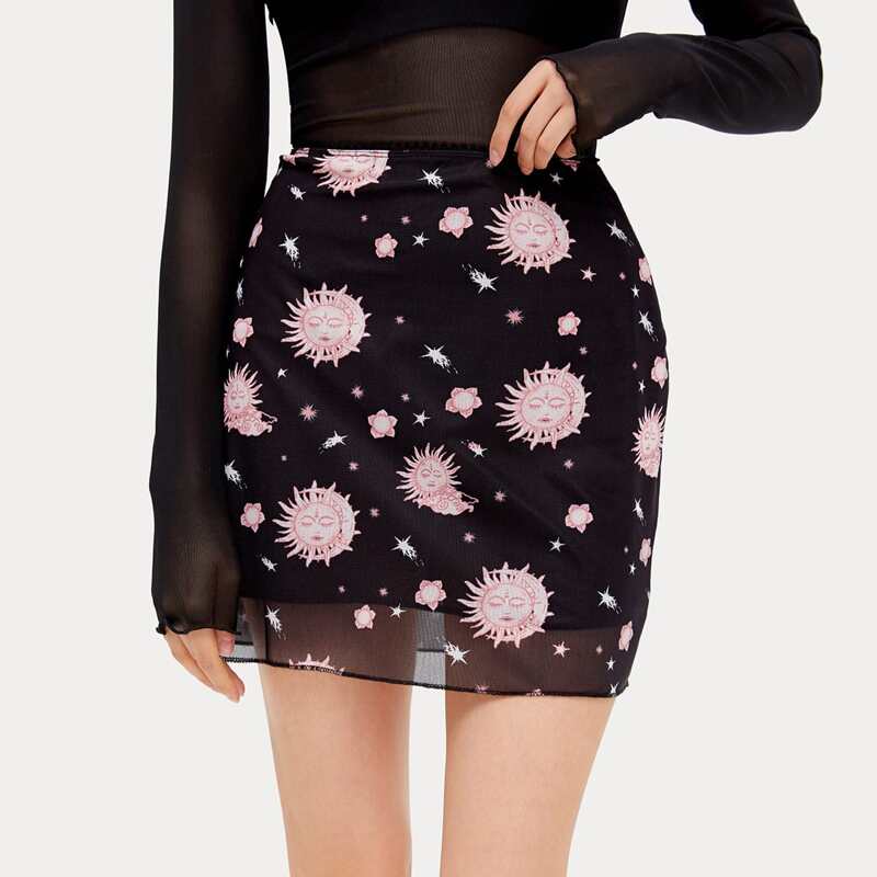 

Sun & Moon Graphic Skirt, Black