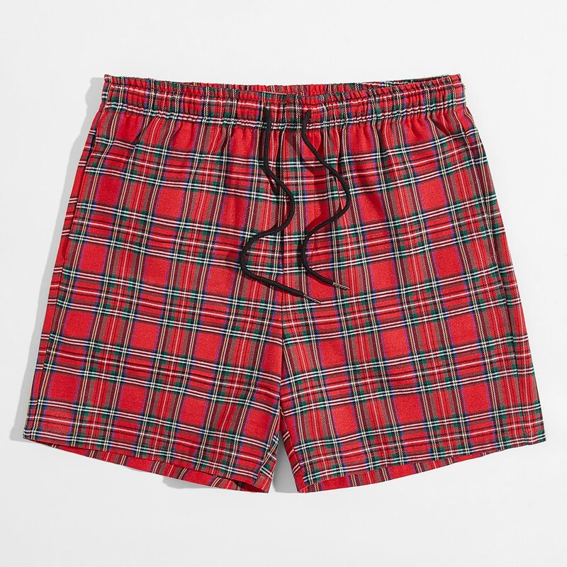 

Men Drawstring Waist Tartan Shorts, Red