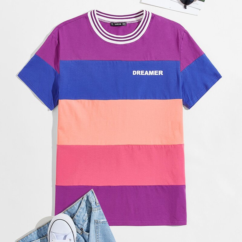 

Guys Striped Neck Letter Graphic Colorblock Tee, Multicolor