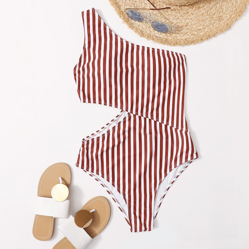 

Striped One Shoulder One Piece Swimsuit, Red and white