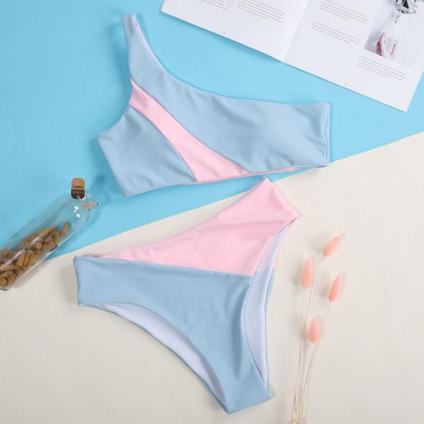 

Color Block One Shoulder Bikini Swimsuit, Multicolor