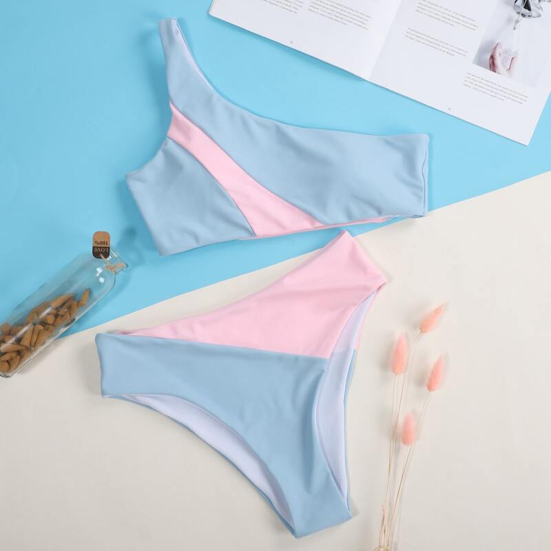 

Color Block One Shoulder Bikini Swimsuit, Multicolor