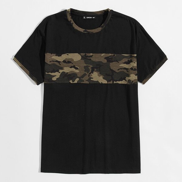 

Men Drop Shoulder Camo Panel Tee, Black