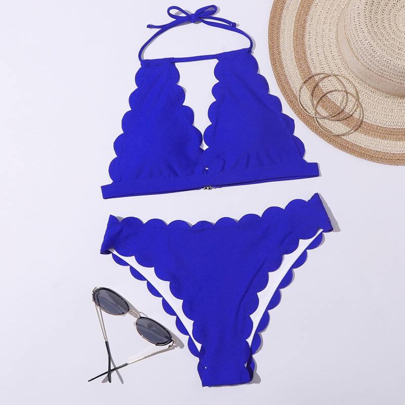 

Scallop Trim Halter Bikini Swimsuit, Royal blue