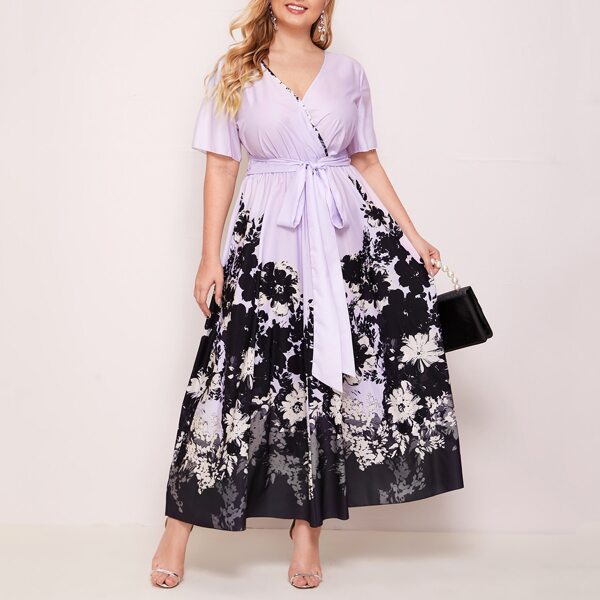 

Plus Surplice Neck Floral Print Tie Front Dress, Multicolor