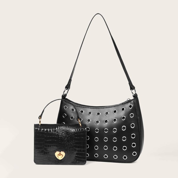 

2pcs Grommet Eyelet Tote Bag With Satchel Bag, Black