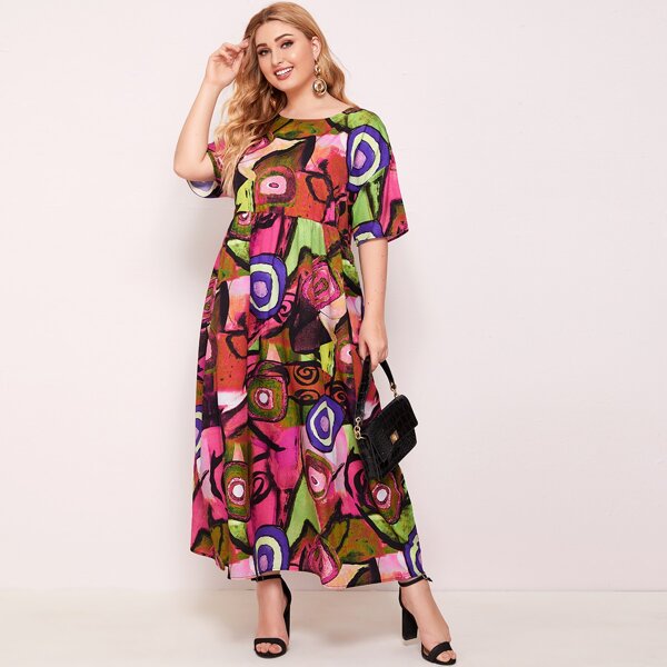 

Plus Drop Shoulder Graphic Smock Dress, Multicolor