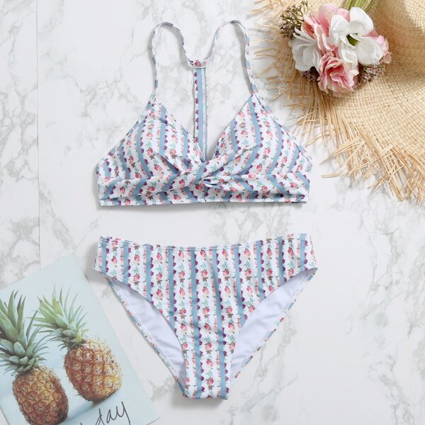 

Floral & Stripe Twist Front Bikini Swimsuit, Multicolor