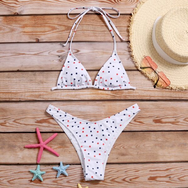 

Star Print Halter Triangle Bikini Swimsuit, White