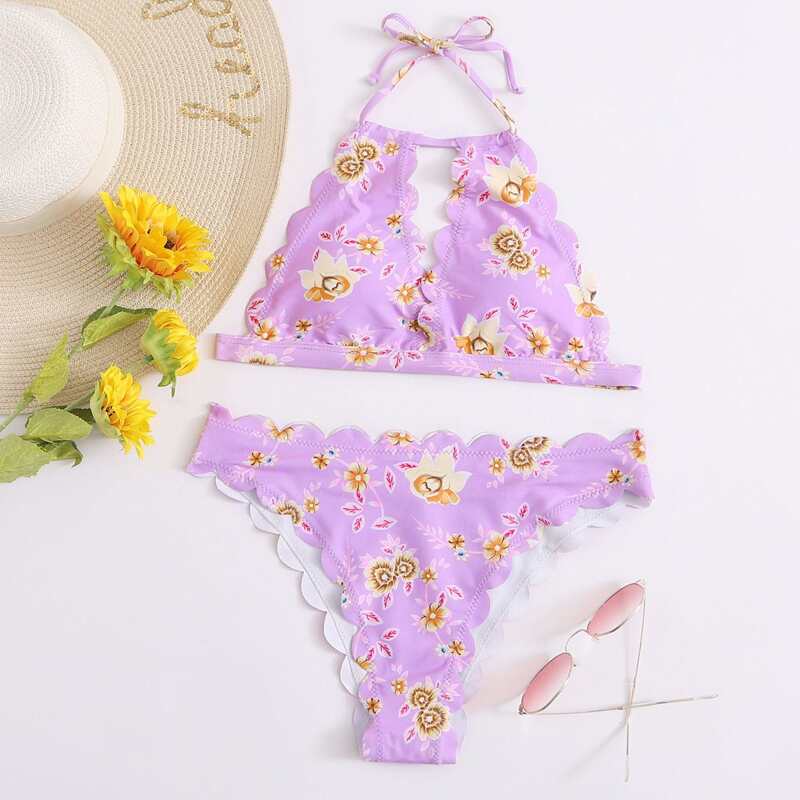 

Floral Scallop Trim Halter Bikini Swimsuit, Pastel lilac purple