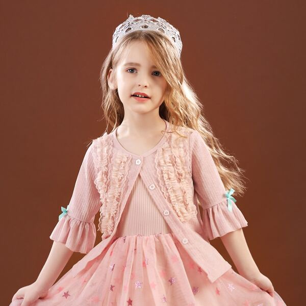

Toddler Girls Frill Lace Trim Button Up Jacket, Baby pink