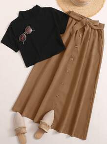 Seusyu Mock Neck Tee & Button Through Belted Skirt - Multicolor - View 1