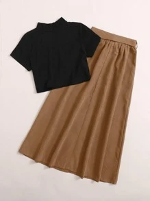 Seusyu Mock Neck Tee & Button Through Belted Skirt - Multicolor - View 2