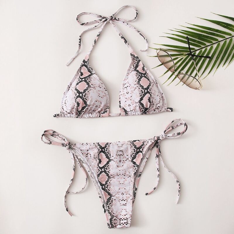

Snakeskin Triangle Tie Side Bikini Swimsuit, Multicolor