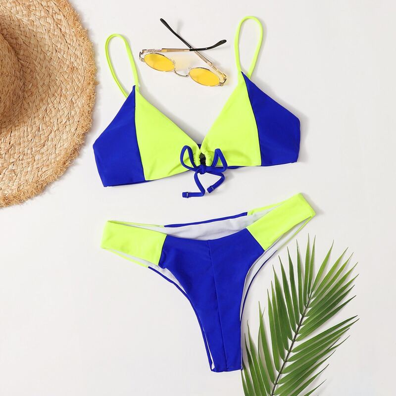 

Color Block Tie Front Bikini Swimsuit, Multicolor