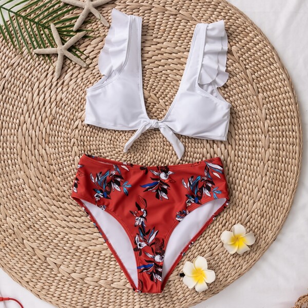 

Floral Ruffle Knot Front Bikini Swimsuit, Multicolor