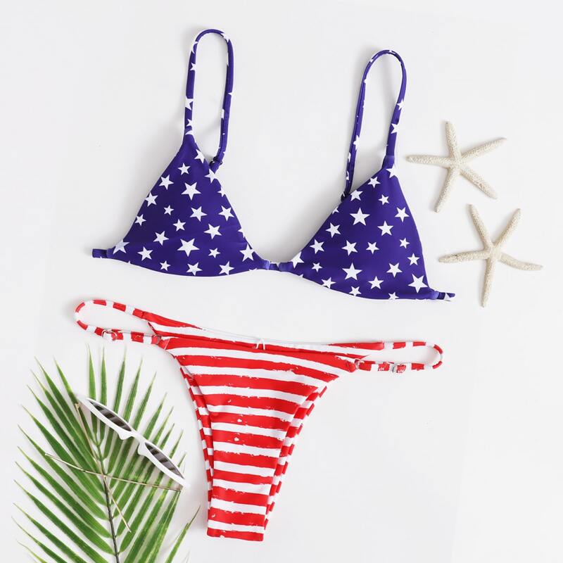 

American Flag Print Triangle Bikini Swimsuit, Multicolor