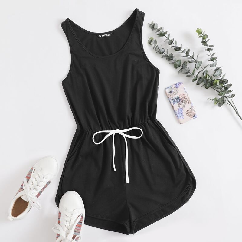 

Knot Waist Slant Pocket Dolphin Hem Tank Romper, Black