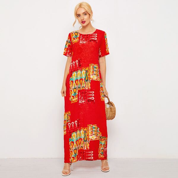 

Round Neck Tribal Print Maxi Dress, Red