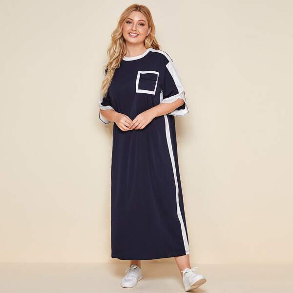 

Plus Contrast Panel Drop Shoulder Tee Dress, Navy blue