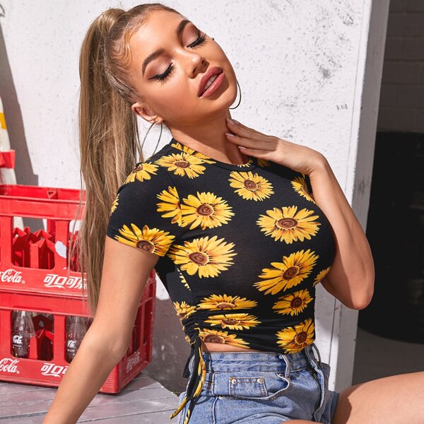 

Cap Sleeve Drawstring Hem Sunflower Print Top, Black
