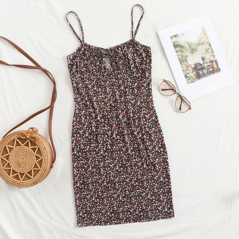 

Tie Neck Ruched Bust Ditsy Floral Slip Dress, Multicolor
