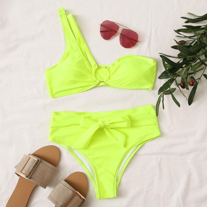 

Neon Yellow One Shoulder Bikini Swimsuit, Yellow neon