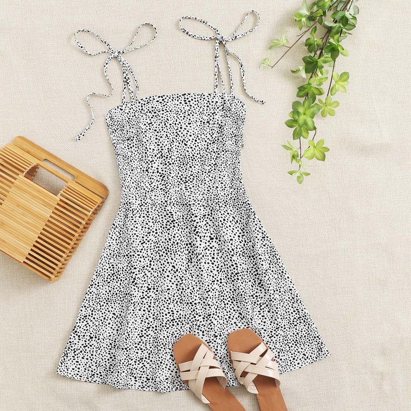 

Knot Strap Shirred Back Dalmatian Print Slip Dress, White