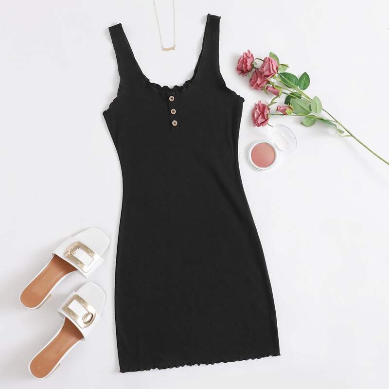 

Sleeveless Buttoned Front Lettuce Trim Dress, Black