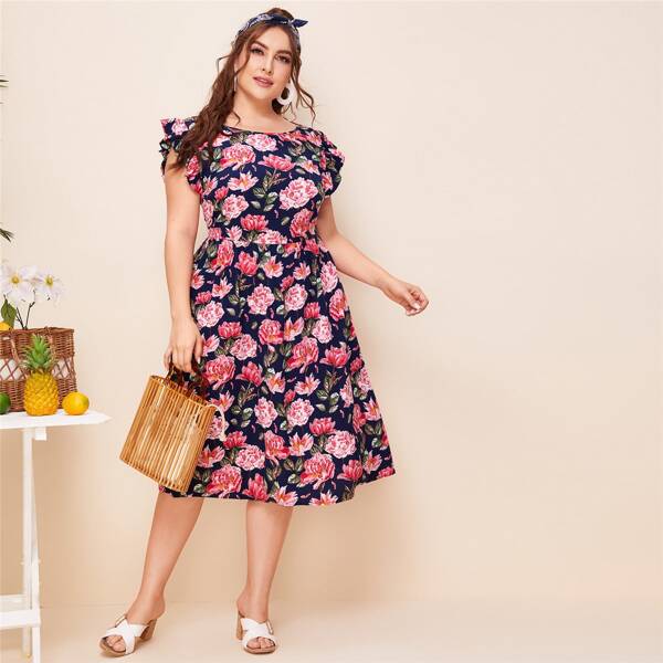 

Plus Allover Floral Belted Dress, Multicolor
