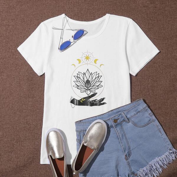 

Floral & Hand Print Tee, White