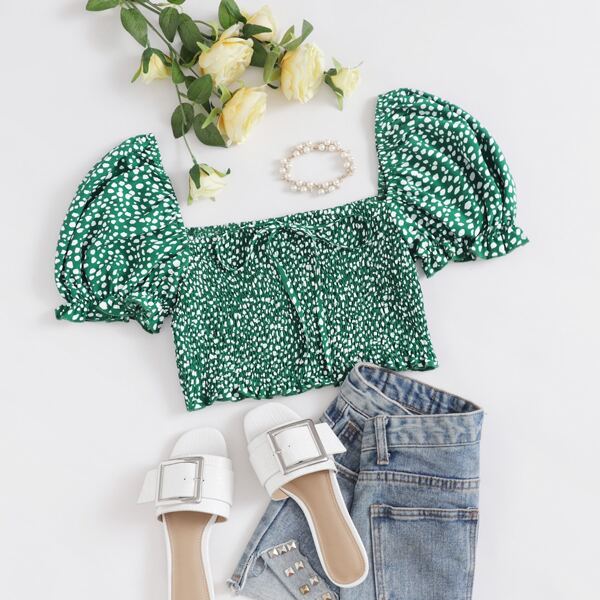 

Puff Sleeve Knot Front Shirred Dalmatian Crop Top, Green