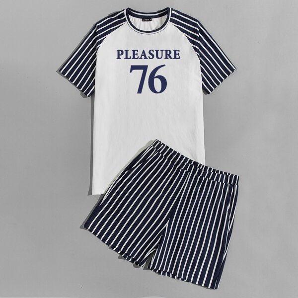 

Men Letter Graphic Striped Raglan Sleeve Top & Shorts PJ Set, White