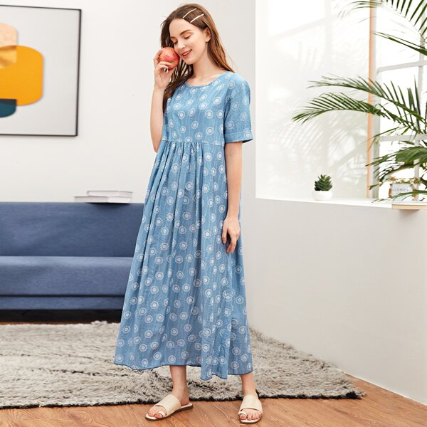 

Tribal Print Roll Up Sleeve Smock Dress, Baby blue