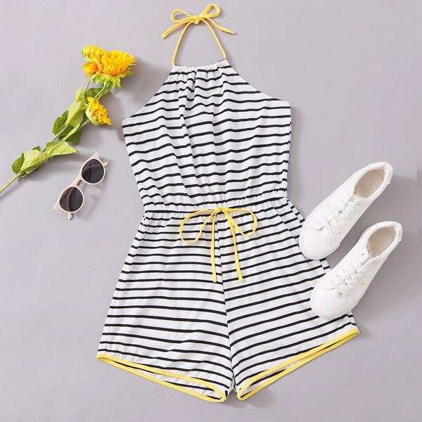 

Contrast Binding Knot Front Striped Halter Romper, Black and white