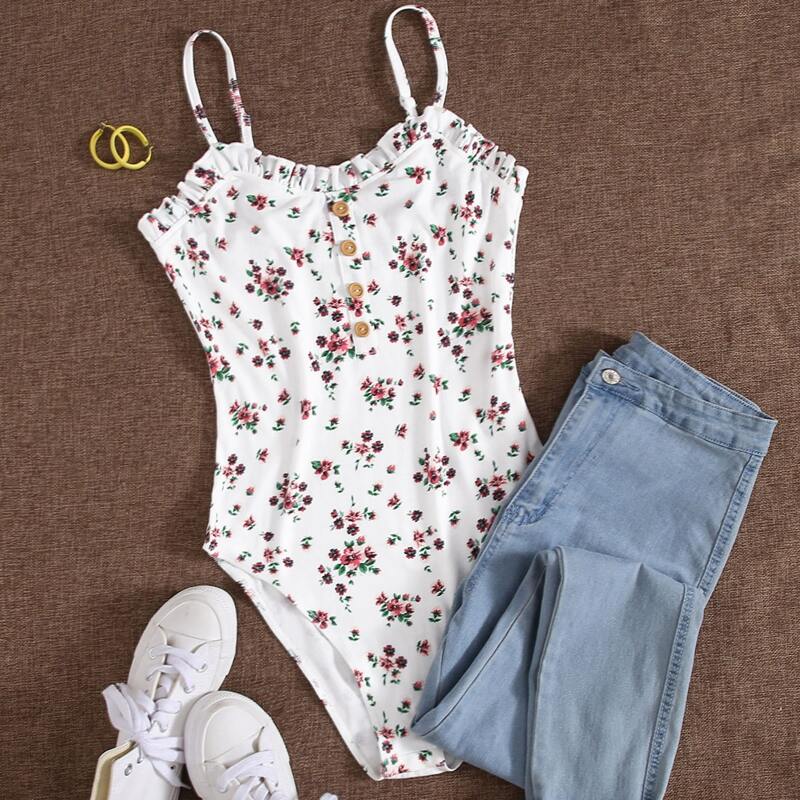 

Frill Trim Ditsy Floral Cami Bodysuit, White