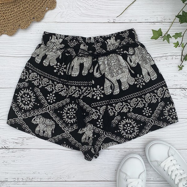 

Plus Elephant & Geo Print Self-Tie Shorts, Black and white