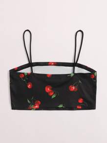 SHEIN Girls Cherry Print Crop Cami Top - Black - View 2