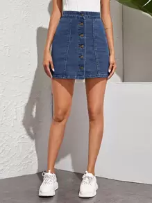 Solid Button Through Denim Skirt - Dark Wash - View 1