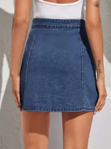 Solid Button Through Denim Skirt - Dark Wash - View 2