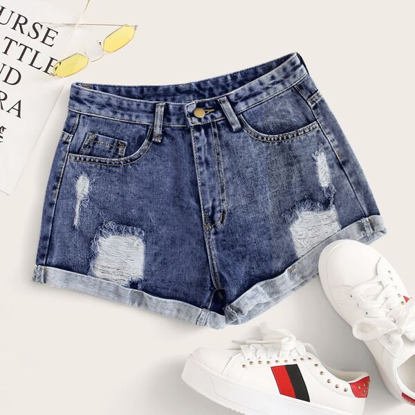 

Ripped Wide Leg Denim Shorts, Dark wash