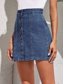 Solid Button Through Denim Skirt - Dark Wash - View 4