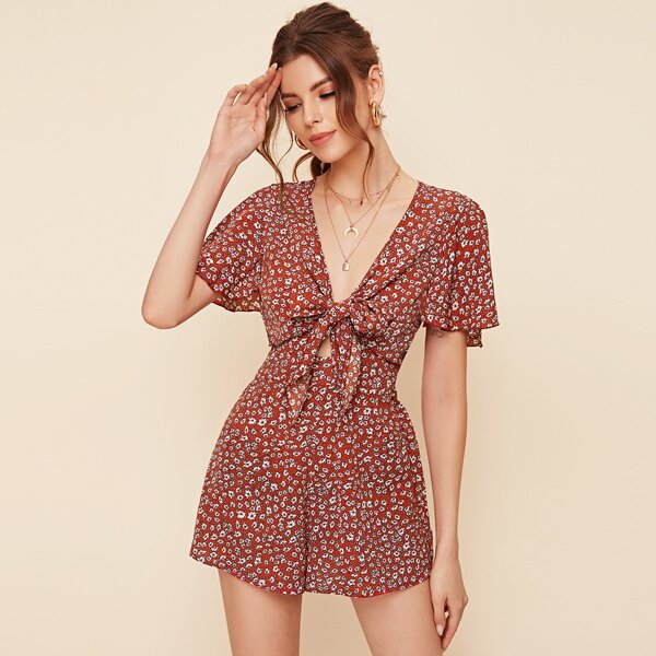 

Flutter Sleeve Cut Out Tie Front Ditsy Floral Romper, Redwood