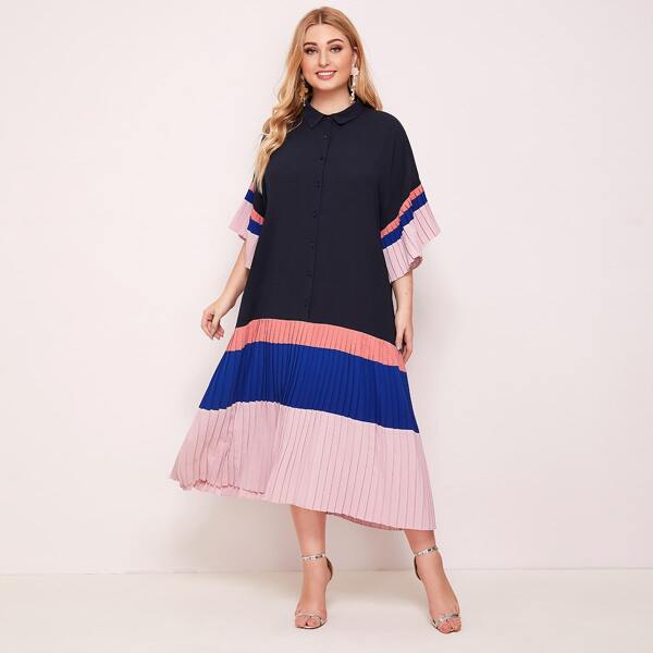 

Plus Collared Buttoned Front Colorblock Pleated Cuff and Hem Dress, Multicolor