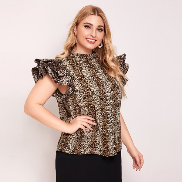 

Plus Mock-Neck Ruffle Trim Leopard Top, Multicolor