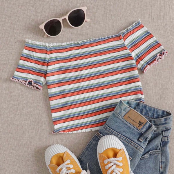 

Off Shoulder Lettuce Trim Rib-knit Striped Top, Multicolor