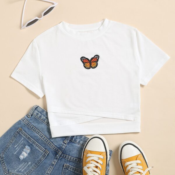 

Butterfly Patched Cut Out Crop Tee, White