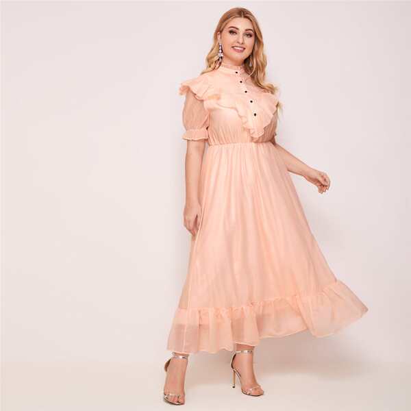 

Plus Mock-Neck Buttoned Front Ruffle Trim Dress, Pastel baby pink